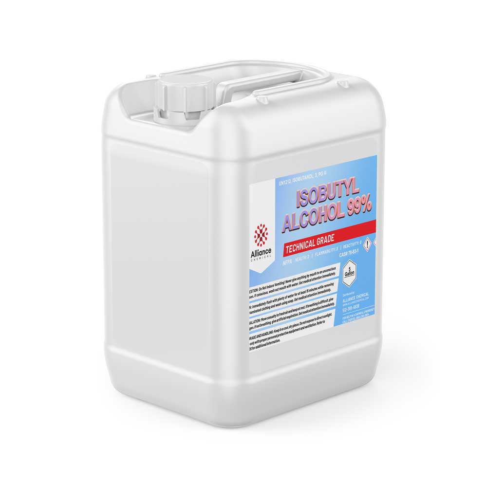 5-gallon white HDPE container of technical-grade Isobutyl Alcohol 99%, featuring Alliance Chemical branding, hazard warning symbols, and secure screw-top lid.